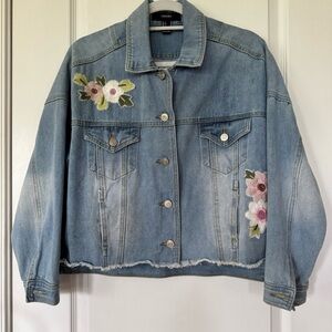Embroidered Denim Jacket with Floral Design